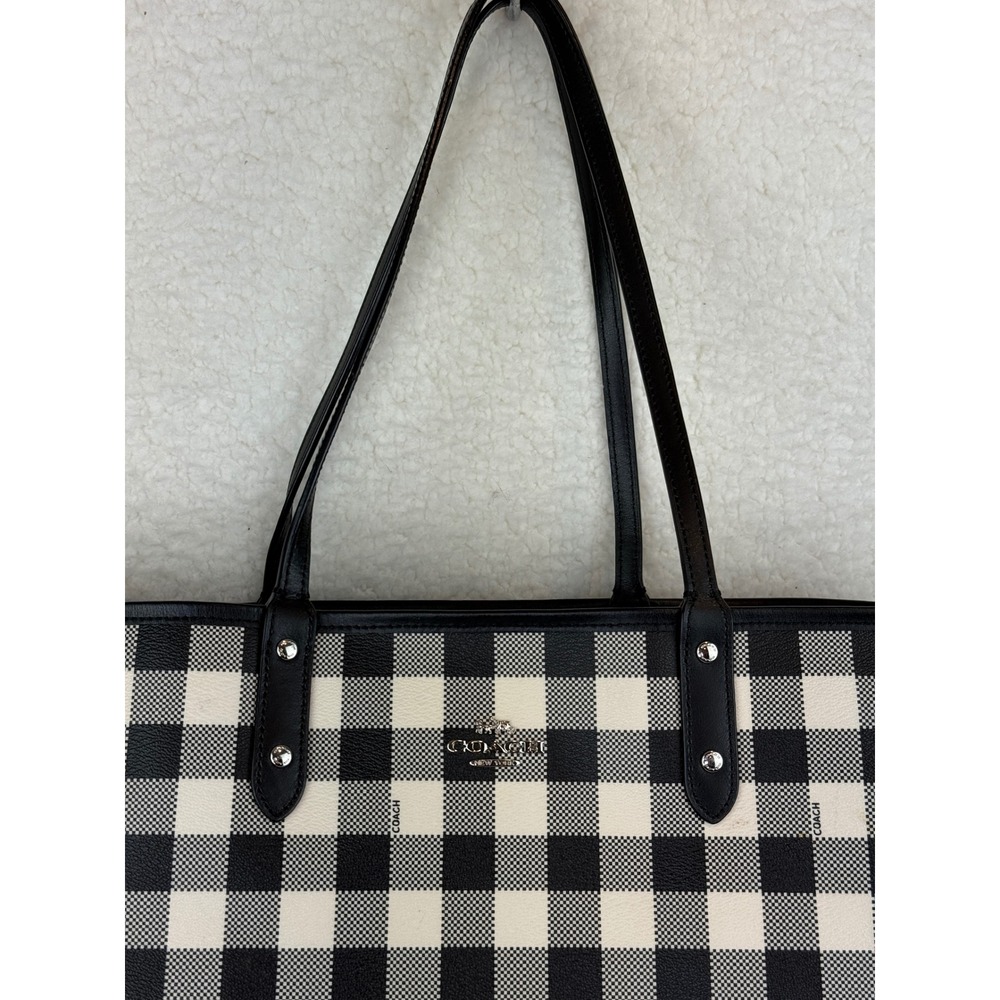 Coach City Tote Reversible Black Crossgrain Leather Gingham Plaid Handbag - Picture 9 of 11
